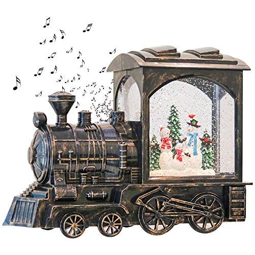 GenSwin Weihnachtszug Schneemann batteriebetrieben Musik beleuchtet Wasser Schnee Glitzer Schneekugel Laterne mit Timer Weihnachtsdekoration und Geschenk (Kupfer)